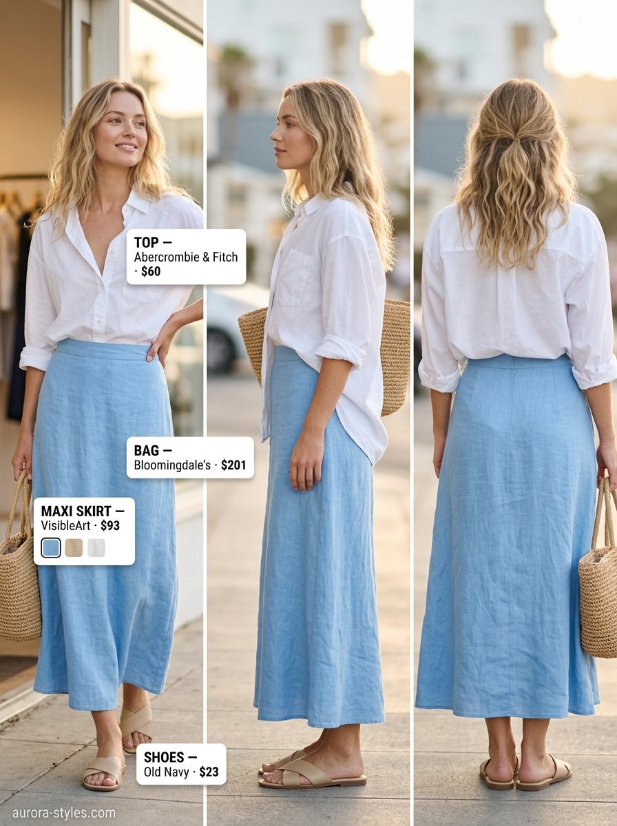 Coastal linen breezes outfit: flowy maxi skirt summer 2026, sky blue skirt, white shirt, straw hat, tote bag.