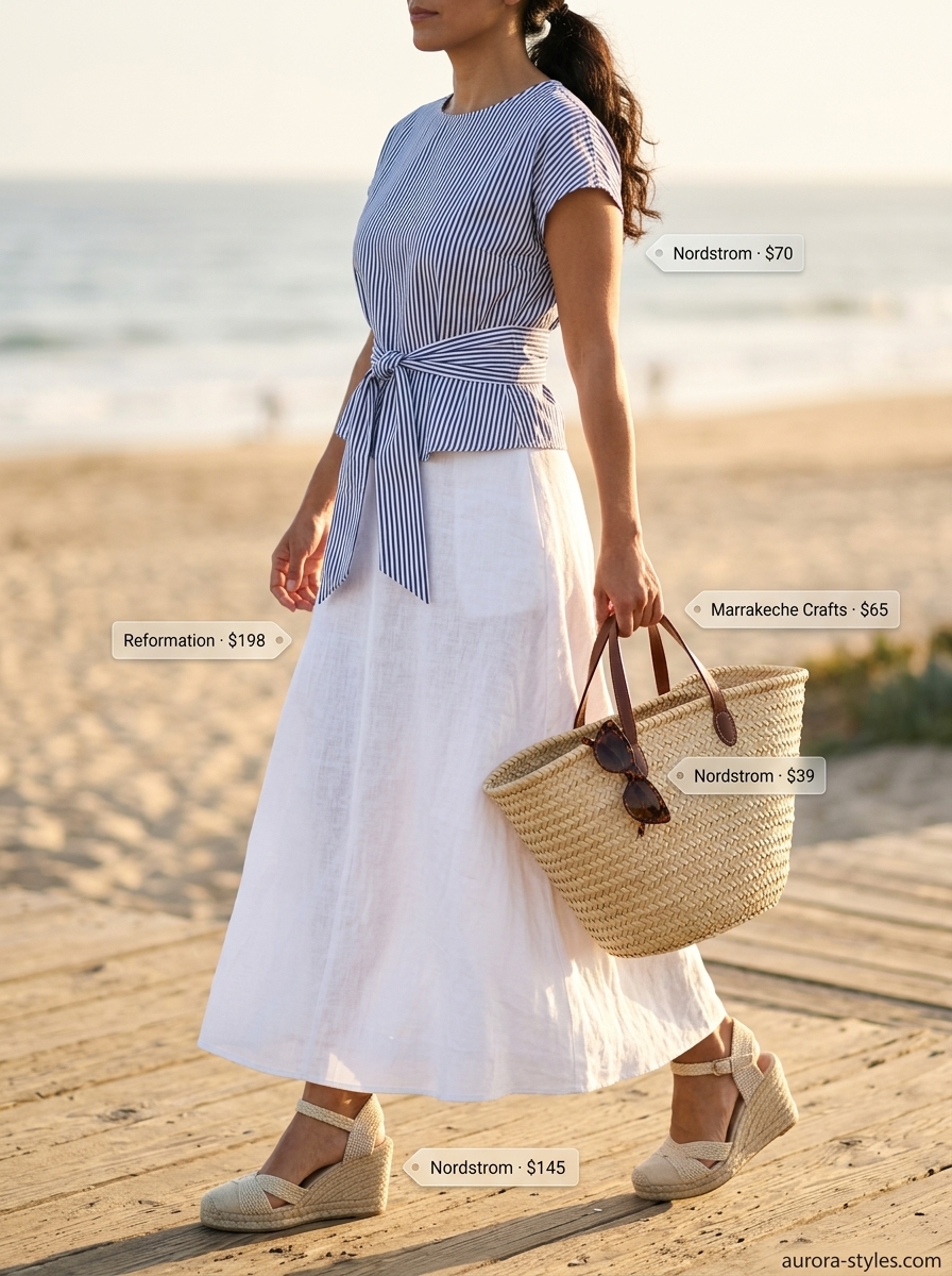 Flowy maxi skirt outfits summer 2026: White linen skirt with navy stripe shirt tied at waist, espadrilles, and straw tote.