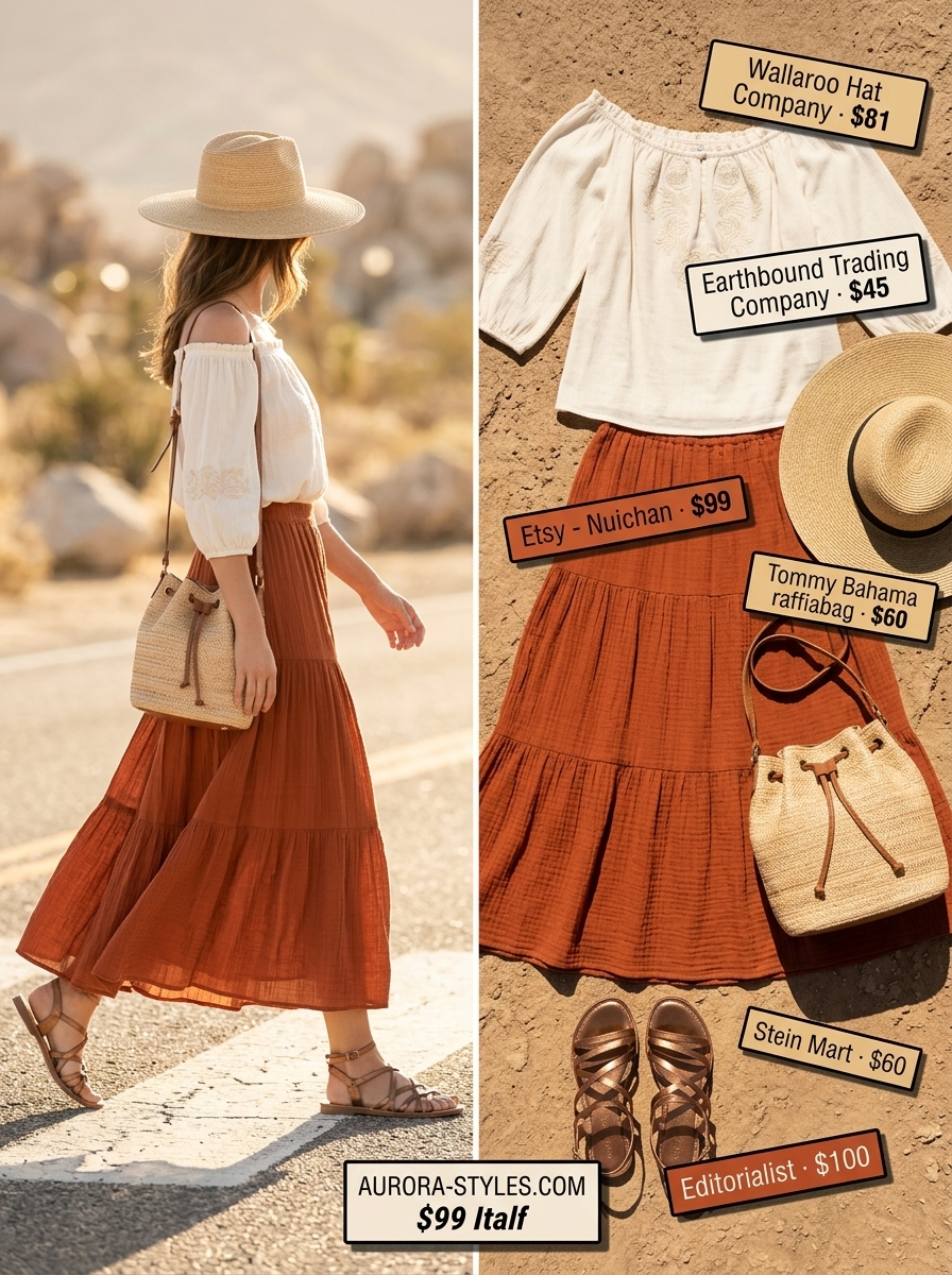 Desert sands explorer outfit: flowy maxi skirt summer 2026, rust orange skirt, embroidered blouse, straw hat.