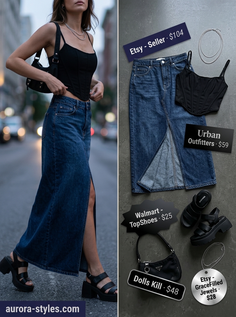 Flowy maxi skirt outfits summer 2026: Dark denim maxi skirt with a black corset top for an edgy city look.