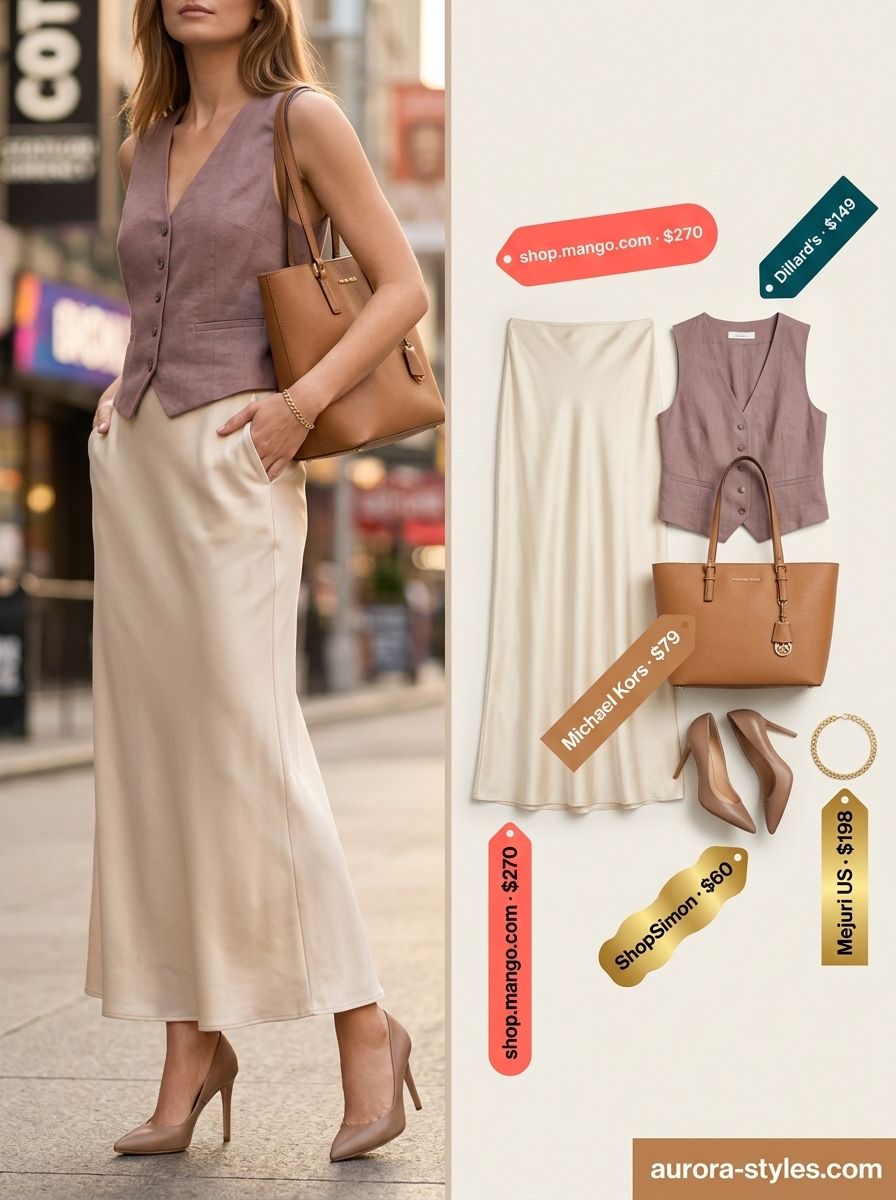 Flowy maxi skirt outfits summer 2026: Cream bias-cut skirt with a sleeveless vest for elevated business casual.