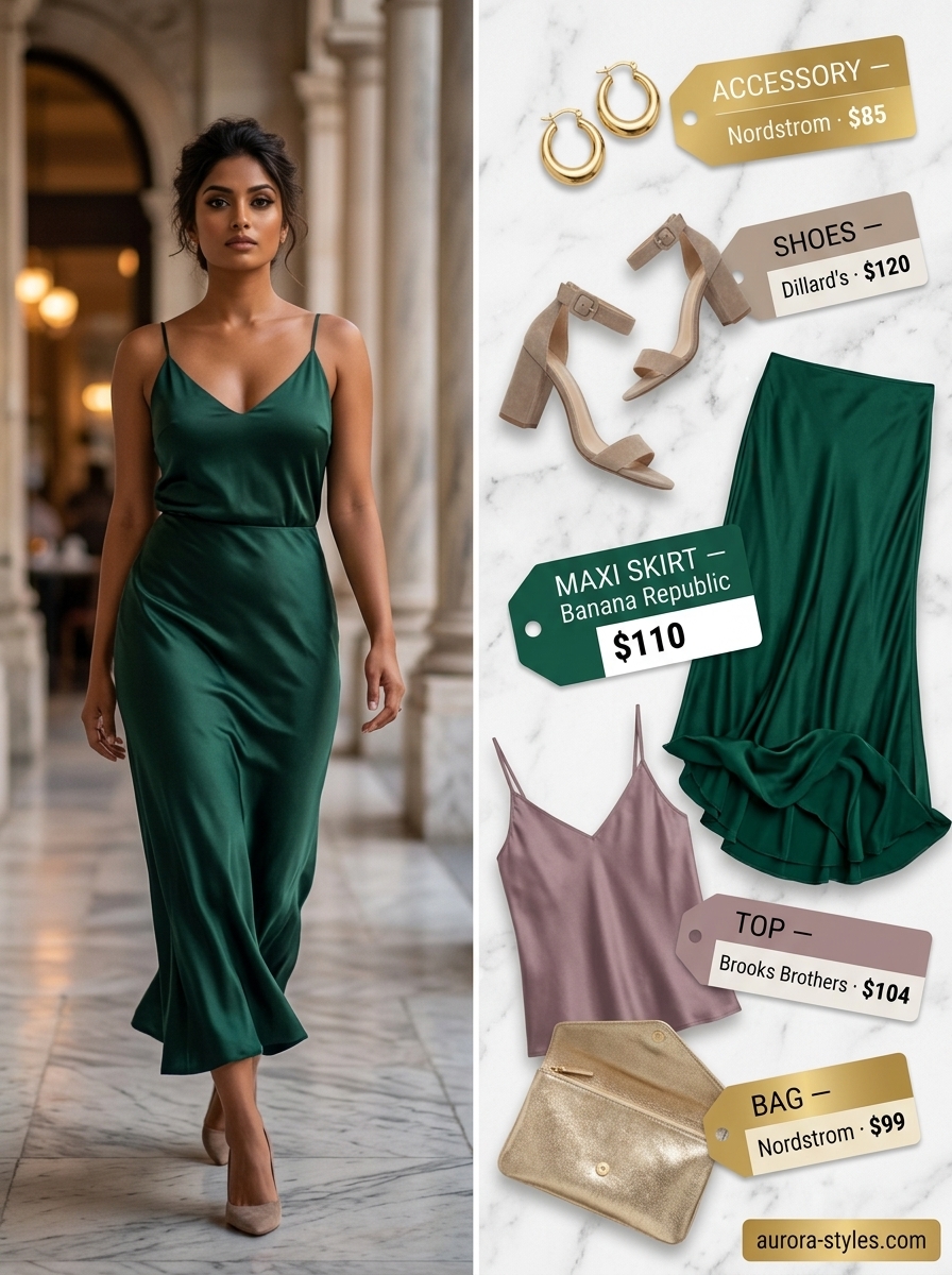Emerald evening glow outfit: flowy maxi skirt summer 2026, emerald green skirt, black cami, gold accessories.