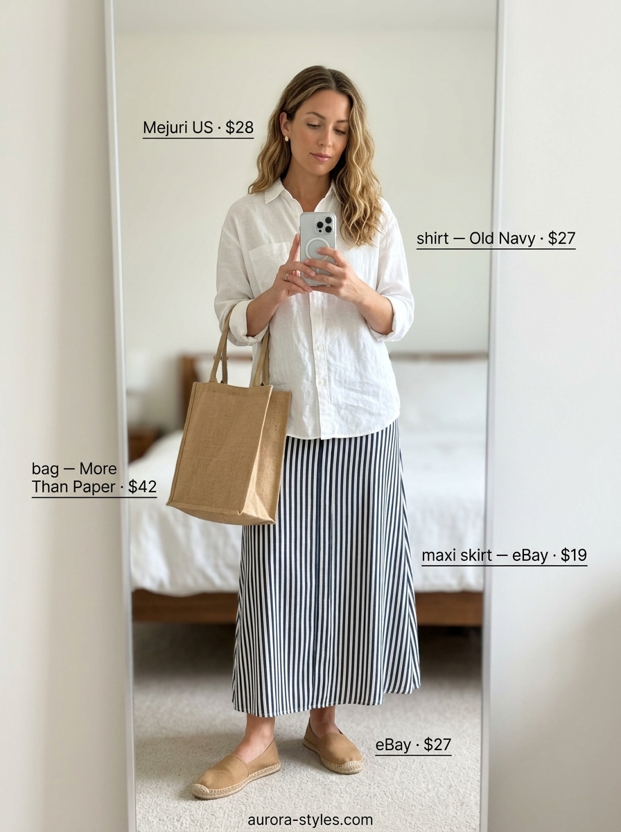 Flowy maxi skirt outfits summer 2026: Navy and white striped skirt with an oversized white linen shirt for a chic farmer's market look.