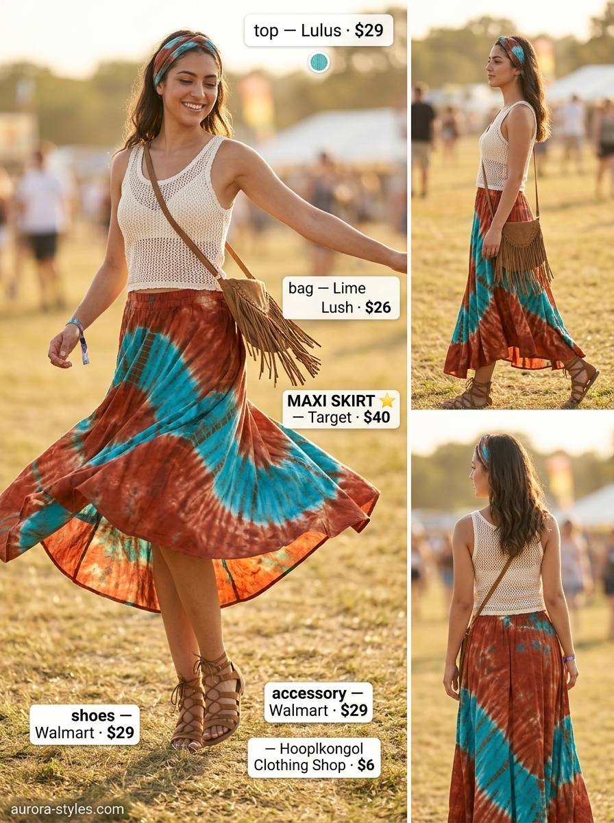 Flowy maxi skirt outfits summer 2026: Rust and turquoise tie-dye skirt with crochet top for a festival look.
