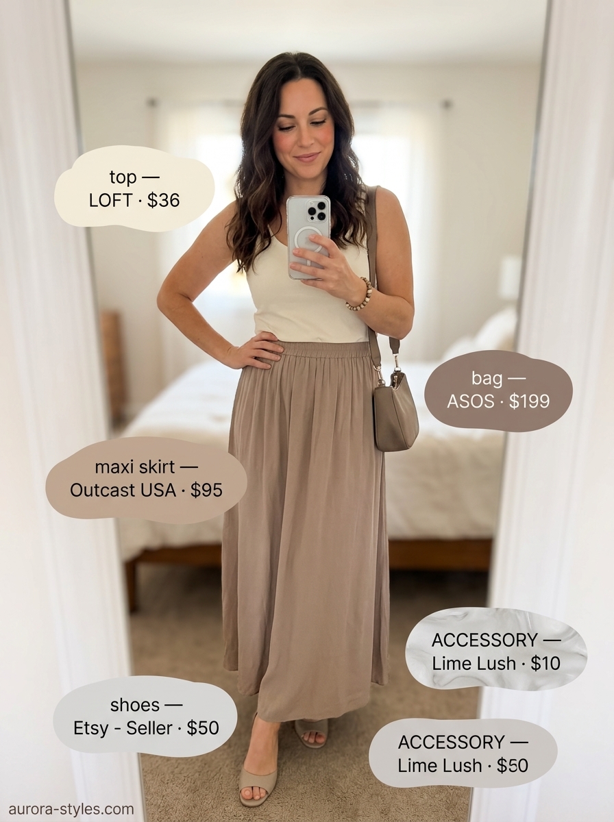 Artsy gallery opening: flowy maxi skirt summer 2026, abstract print skirt, cream knit top, leather mules.