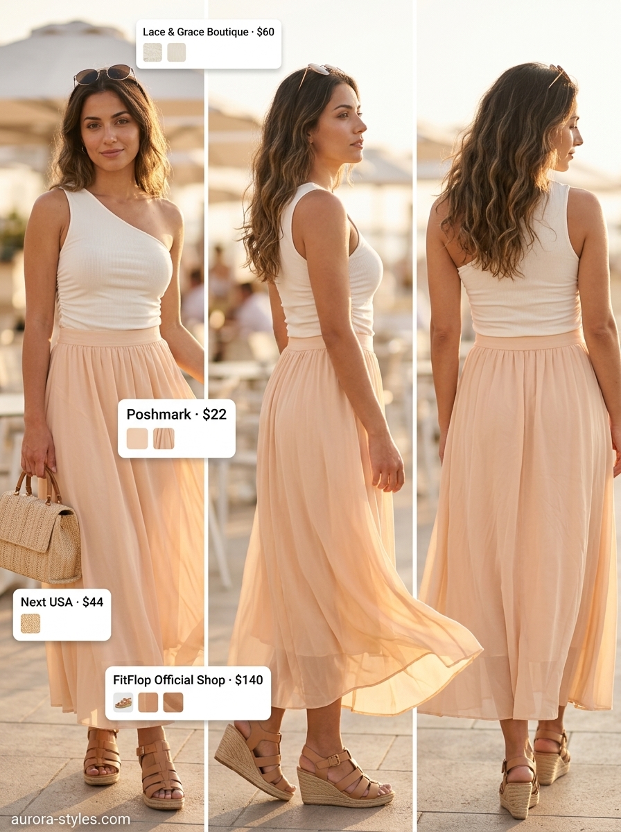 Golden hour glam brunch: flowy maxi skirt summer 2026, peach chiffon skirt, ivory one-shoulder top, wedges.