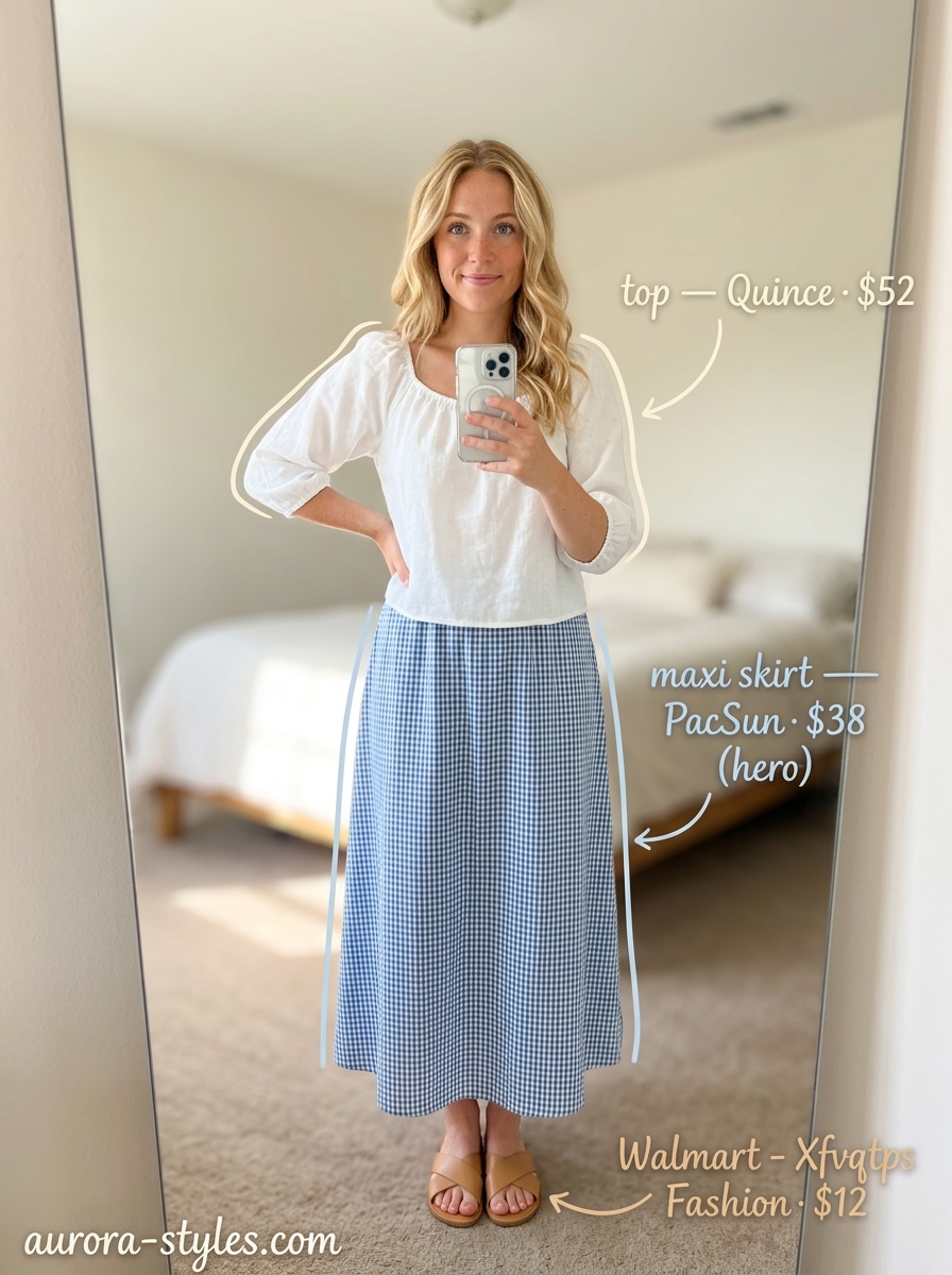 Flowy maxi skirt outfits summer 2026: Light blue gingham skirt with a white puff-sleeve blouse for a lakeside picnic.