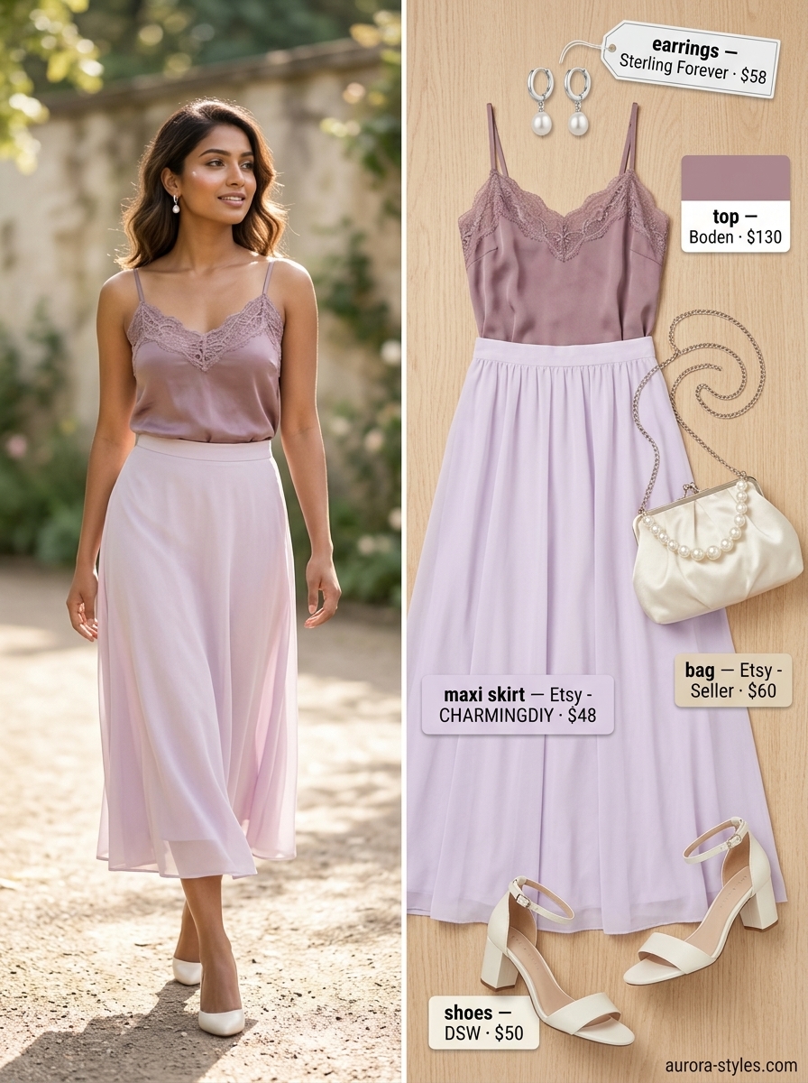 Flowy maxi skirt outfits summer 2026: Lavender chiffon skirt with cream camisole, nude sandals, and pearl clutch.