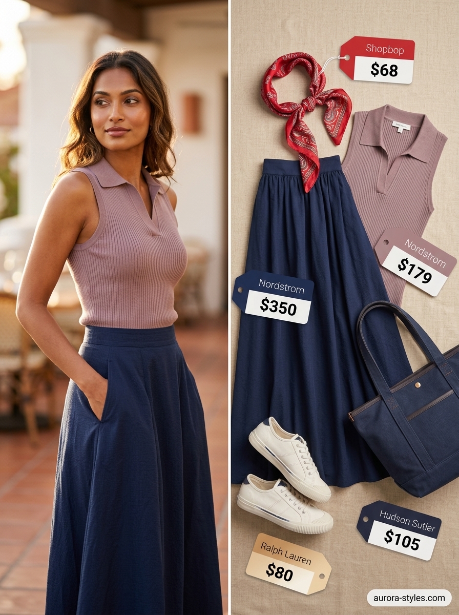 Flowy maxi skirt outfits summer 2026: Navy and white striped skirt with a knit polo and red bandana for a nautical Riviera vibe.