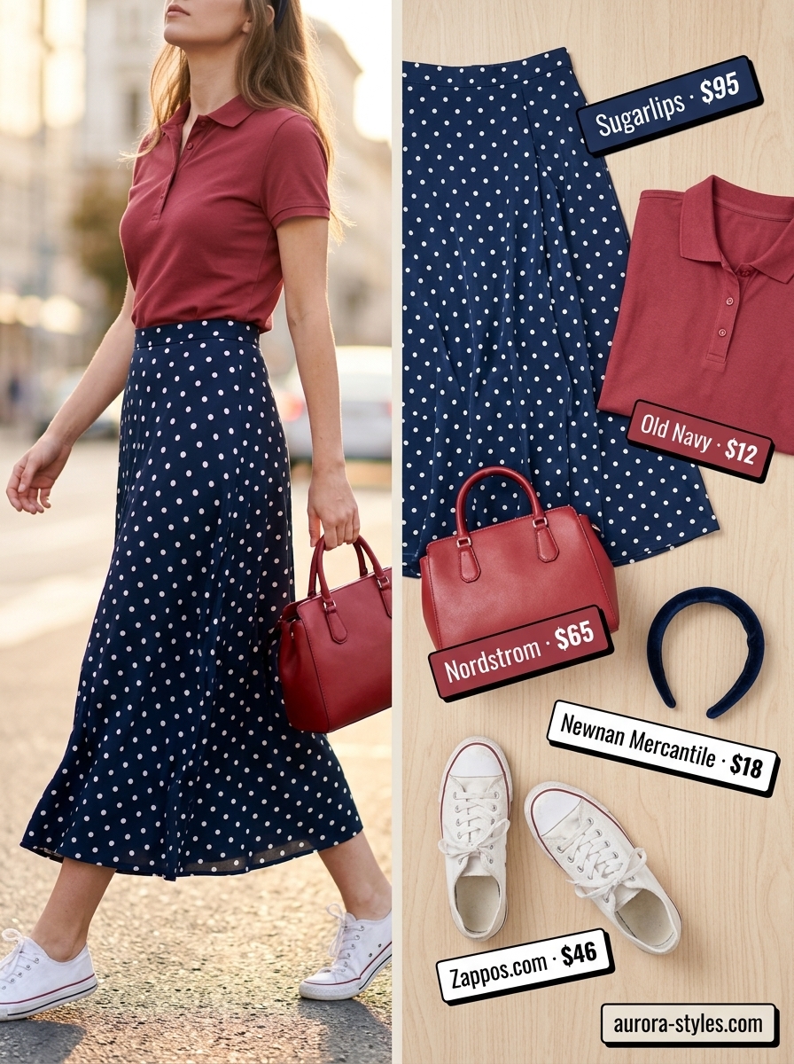 Flowy maxi skirt outfits summer 2026: Playful navy polka dot skirt with white polo, red bag, and white sneakers for a casual day.