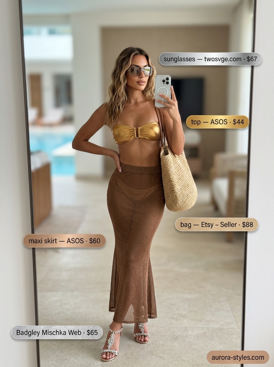 Poolside resort retreat: flowy maxi skirt summer 2026, sheer black skirt, bikini top, embellished sandals.