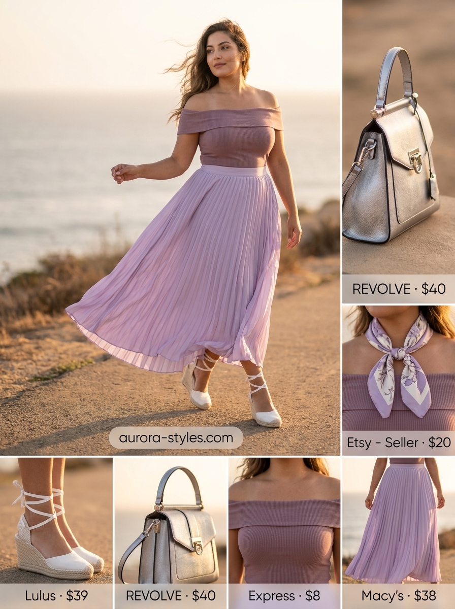 Flowy maxi skirt outfits summer 2026: Lavender pleated skirt with white off-shoulder top, silver bag, and espadrilles.