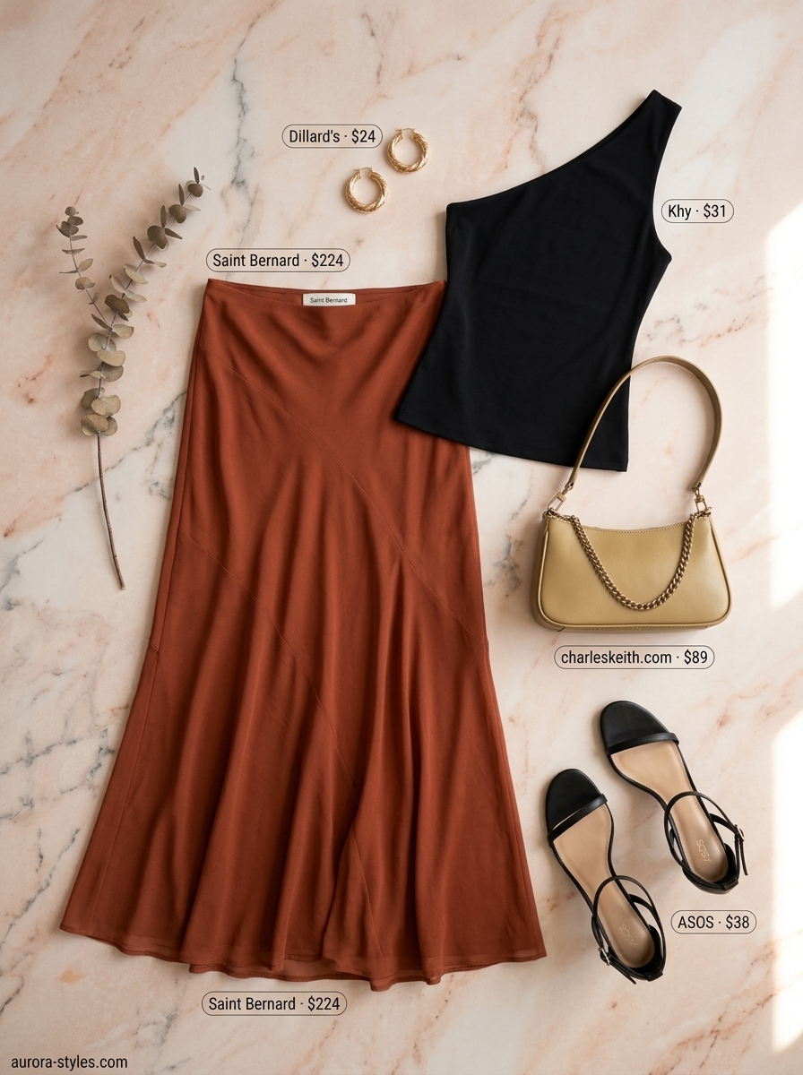 Summer rooftop glamour: flowy maxi skirt summer 2026, terracotta satin skirt, black crop top, heeled sandals.