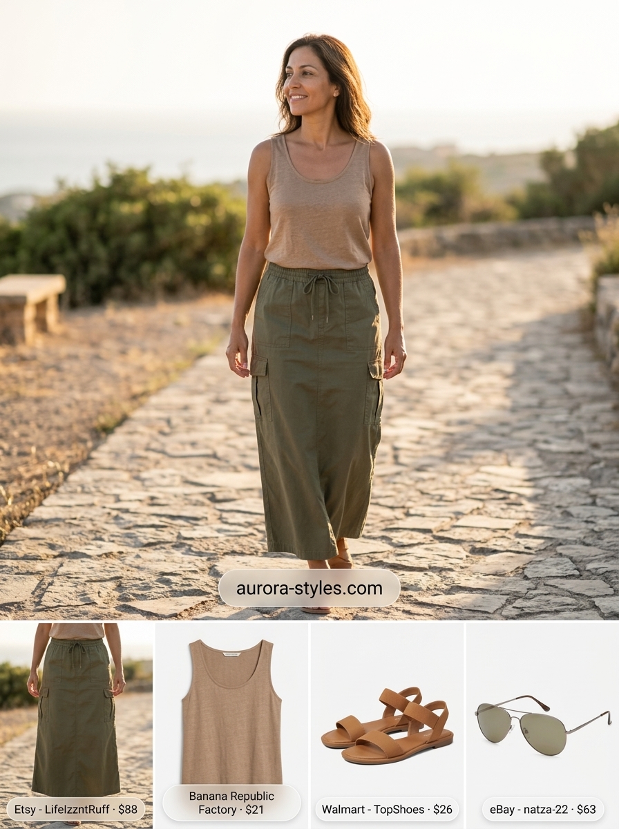 Flowy maxi skirt outfits summer 2026: Olive green utility skirt with a white tank and aviators for safari-inspired casual.