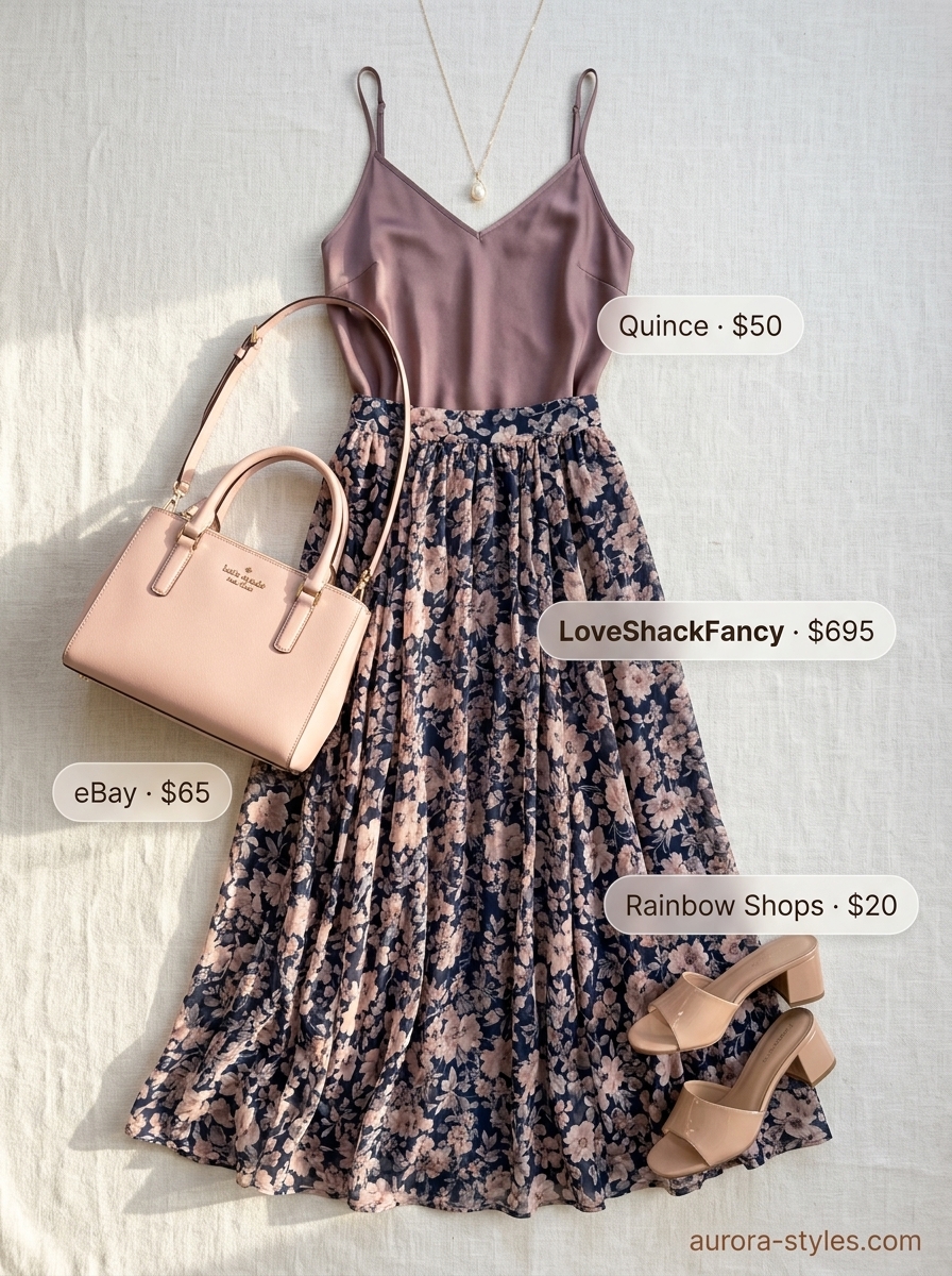Flowy maxi skirt outfits summer 2026: Navy floral chiffon skirt with white camisole, blush bag, and block heel mules.