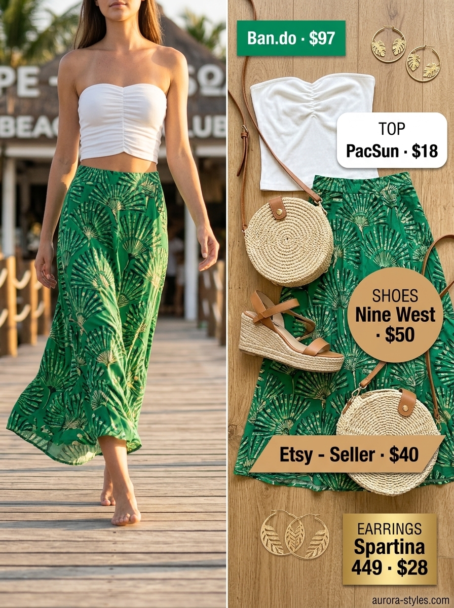 Flowy maxi skirt outfits summer 2026: Tropical green palm print skirt with white bandeau top, espadrilles, and straw bag.