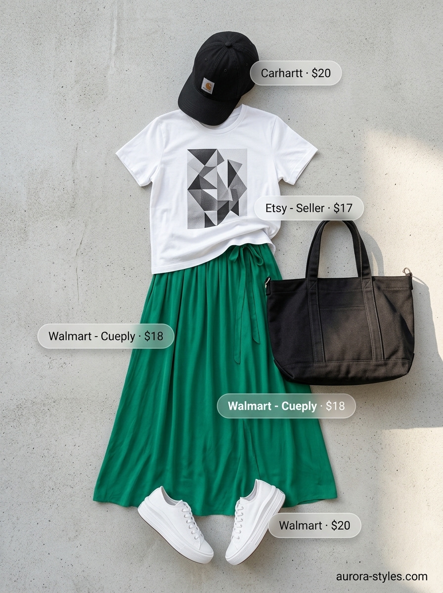 Flowy maxi skirt outfits summer 2026: Emerald green skirt with graphic tee, baseball cap, and platform sneakers for urban adventures.