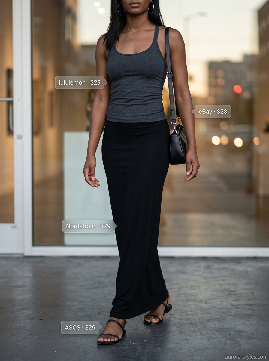 Flowy maxi skirt outfits summer 2026: Black jersey maxi skirt with charcoal tank, flat sandals, and silver hoop earrings.