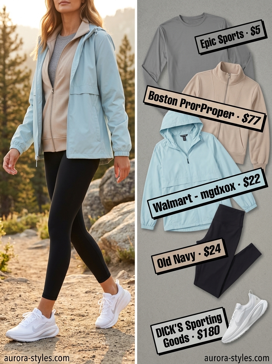 Hiking outfits for women summer 2026: Light blue jacket, grey performance top & black leggings for mountain treks.