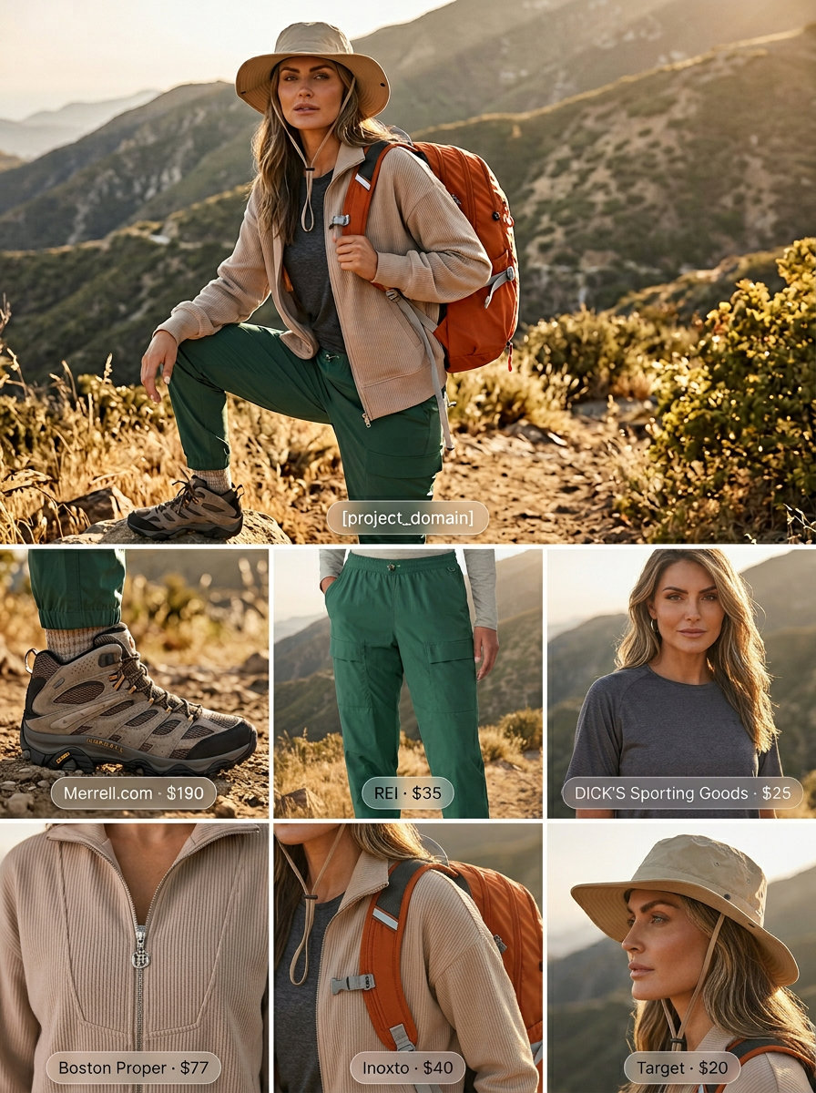 Olive green pants & burnt orange backpack for hiking outfits for women summer 2026. Adventurous outdoor exploration.