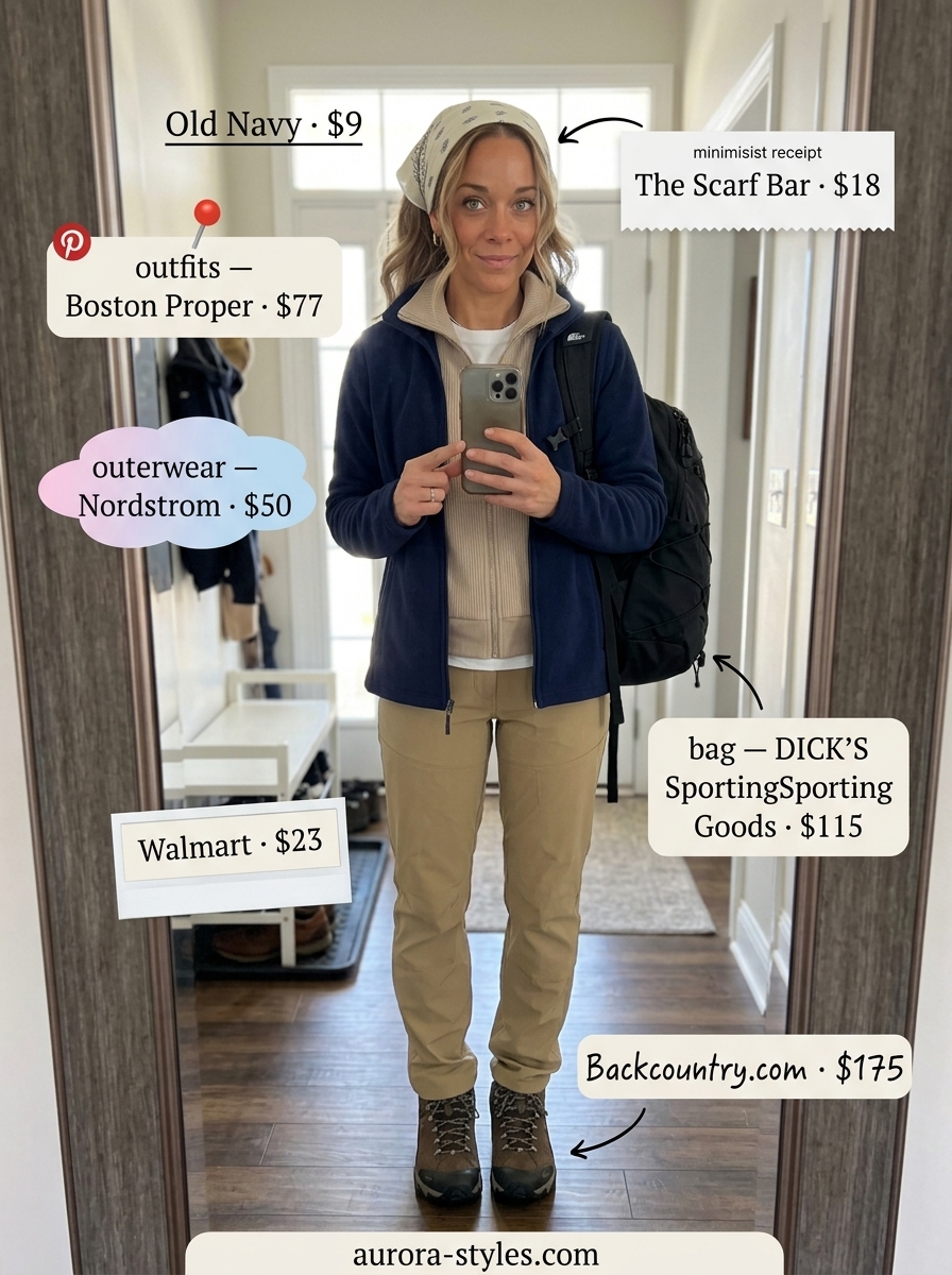 Beige hiking outfits for women summer 2026 with navy fleece, white tee, and brown boots.