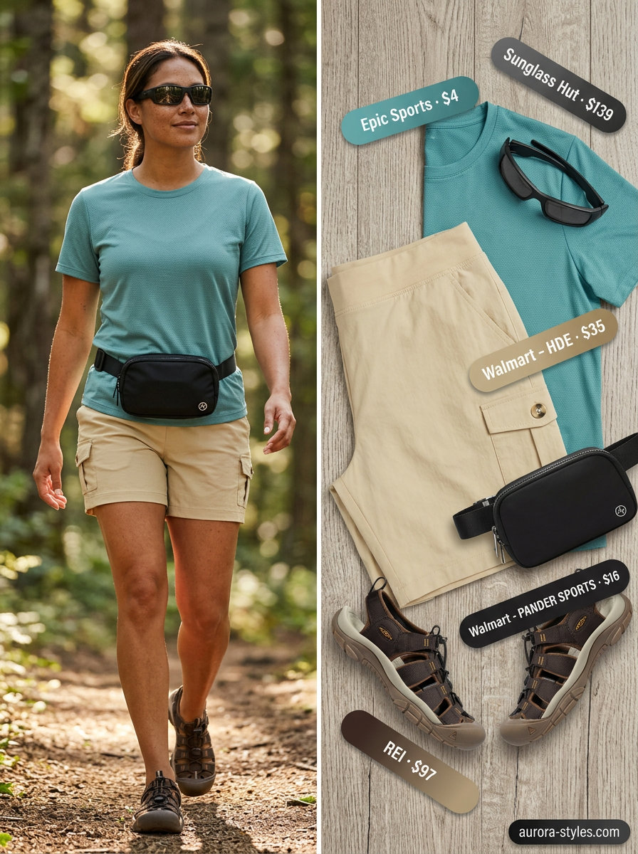 Khaki shorts & teal tee for hiking outfits for women summer 2026. Comfortable and sun-ready canyon trekking.