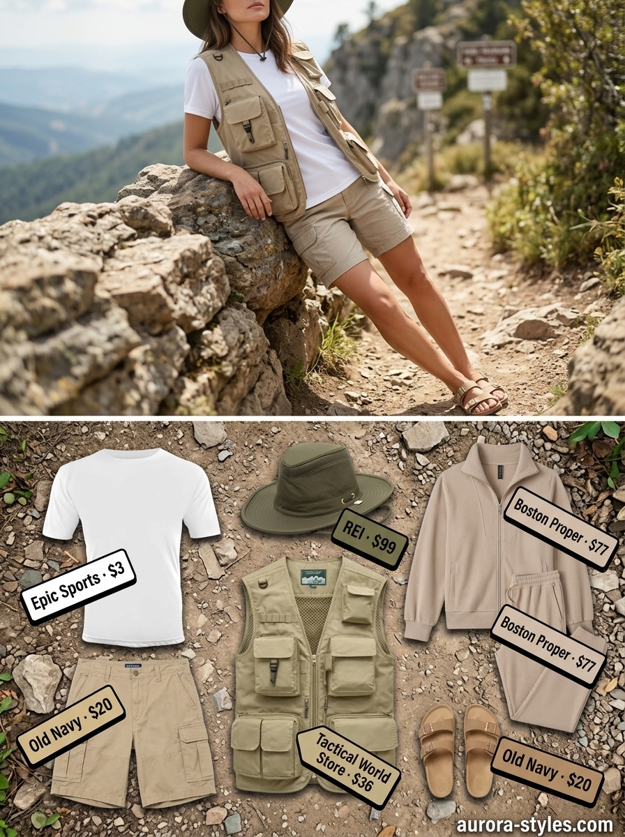 Summer hiking outfits for women 2026: Beige cargo shorts, olive green tee, and utility vest for outdoor exploration.