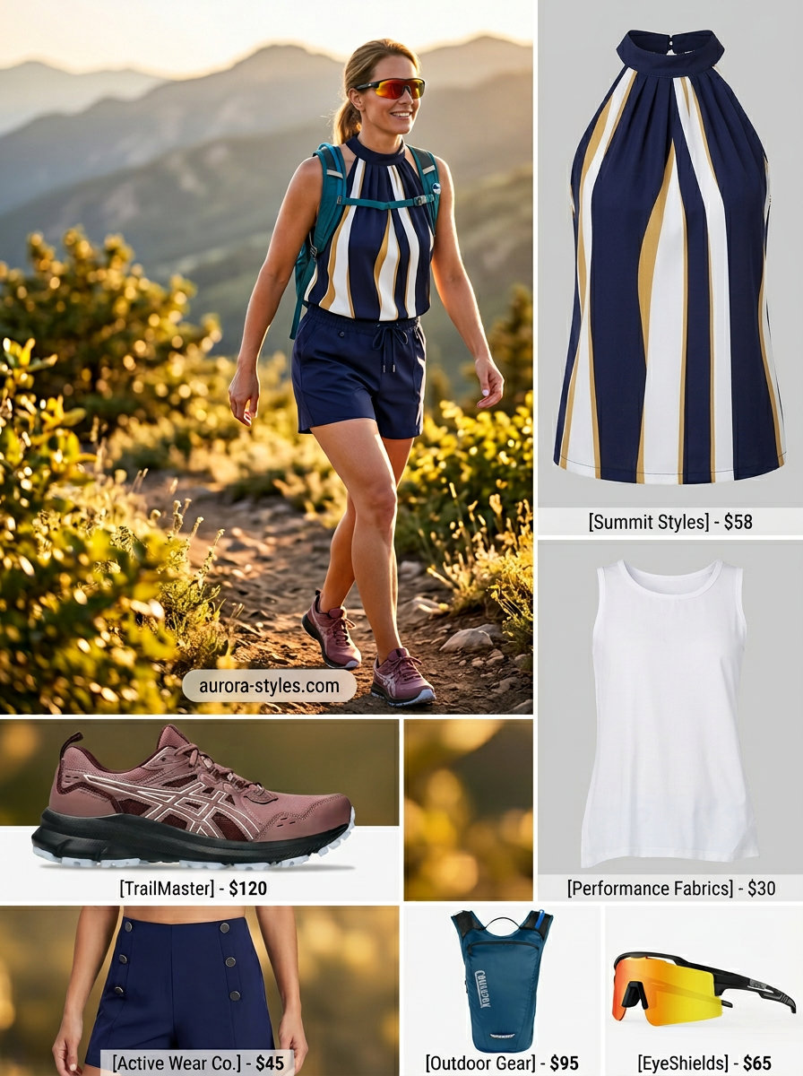 Navy shorts & white tank top with coral jacket for hiking outfits for women summer 2026. Coastal trail performance.