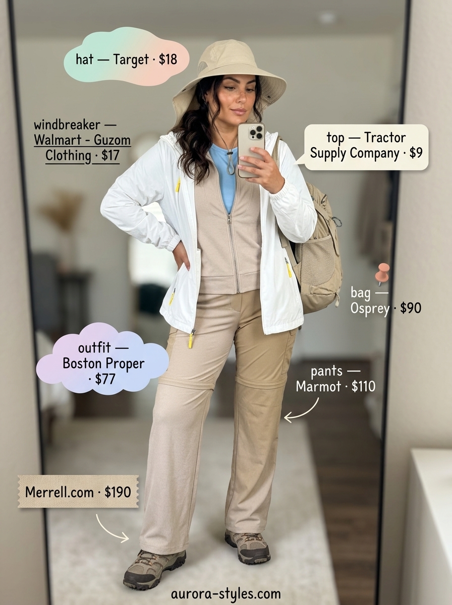 Summer hiking outfits for women 2026: Tan quick-dry pants, blue tee, and sun jacket for desert trails.
