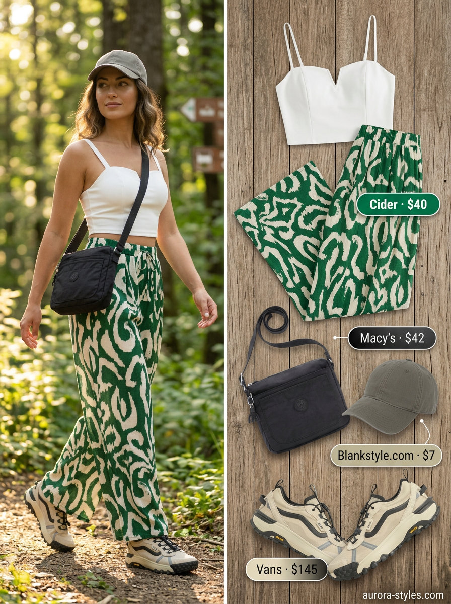 Functional hiking outfits for women summer 2026: Forest green utility jumpsuit with beige sneakers.