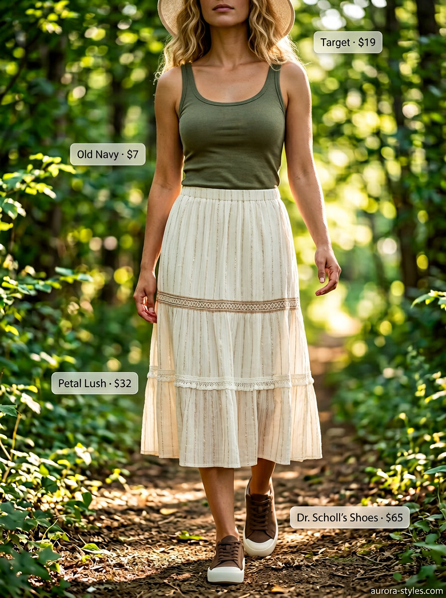 Feminine hiking outfits for women summer 2026: Cream flowy skirt, forest green tank, and brown walking shoes.