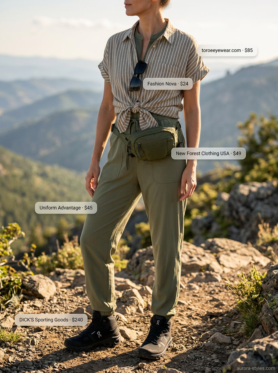 Khaki utility jumpsuit hiking outfits for women summer 2026 with black boots and olive waist pack.
