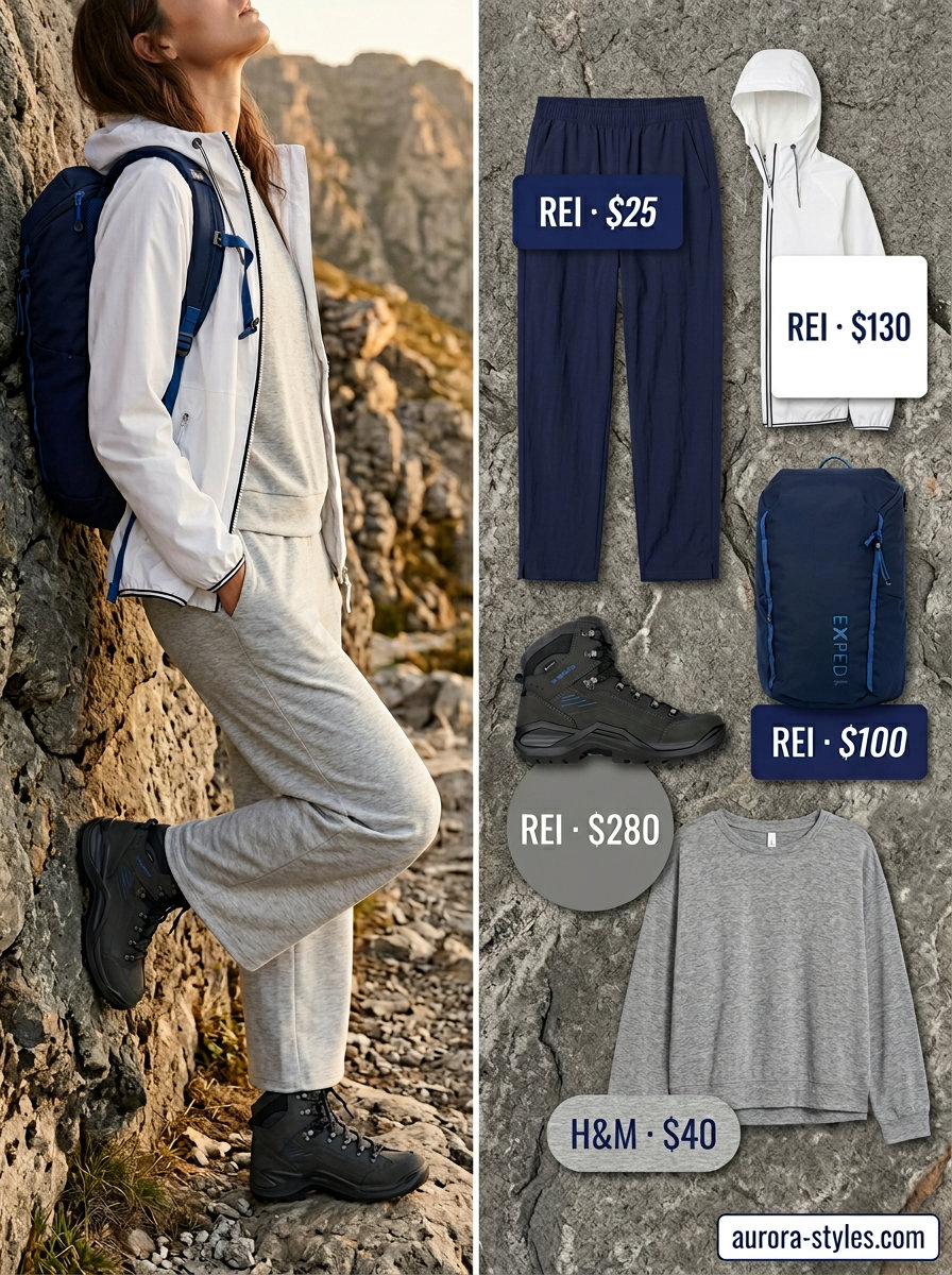 Light grey base layer hiking outfits for women summer 2026 with navy pants, white rain jacket.