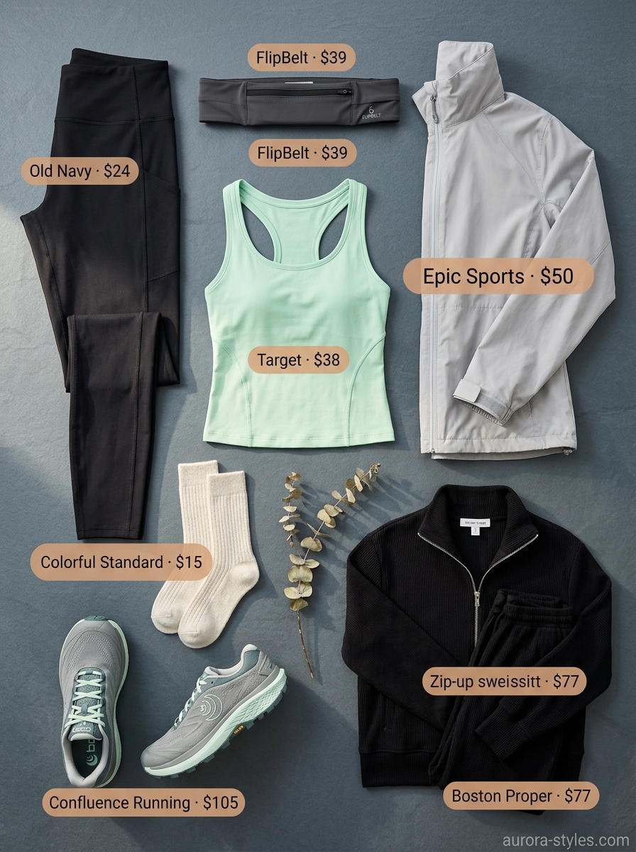 Mint green hiking outfits for women summer 2026 with black leggings, grey jacket, and trail running shoes.