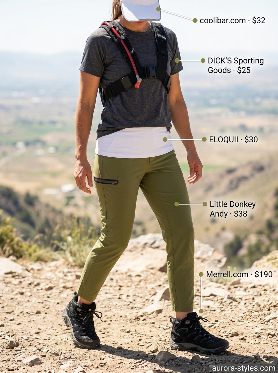 Olive green hiking outfits for women summer 2026 with charcoal t-shirt, black boots, and white cap.