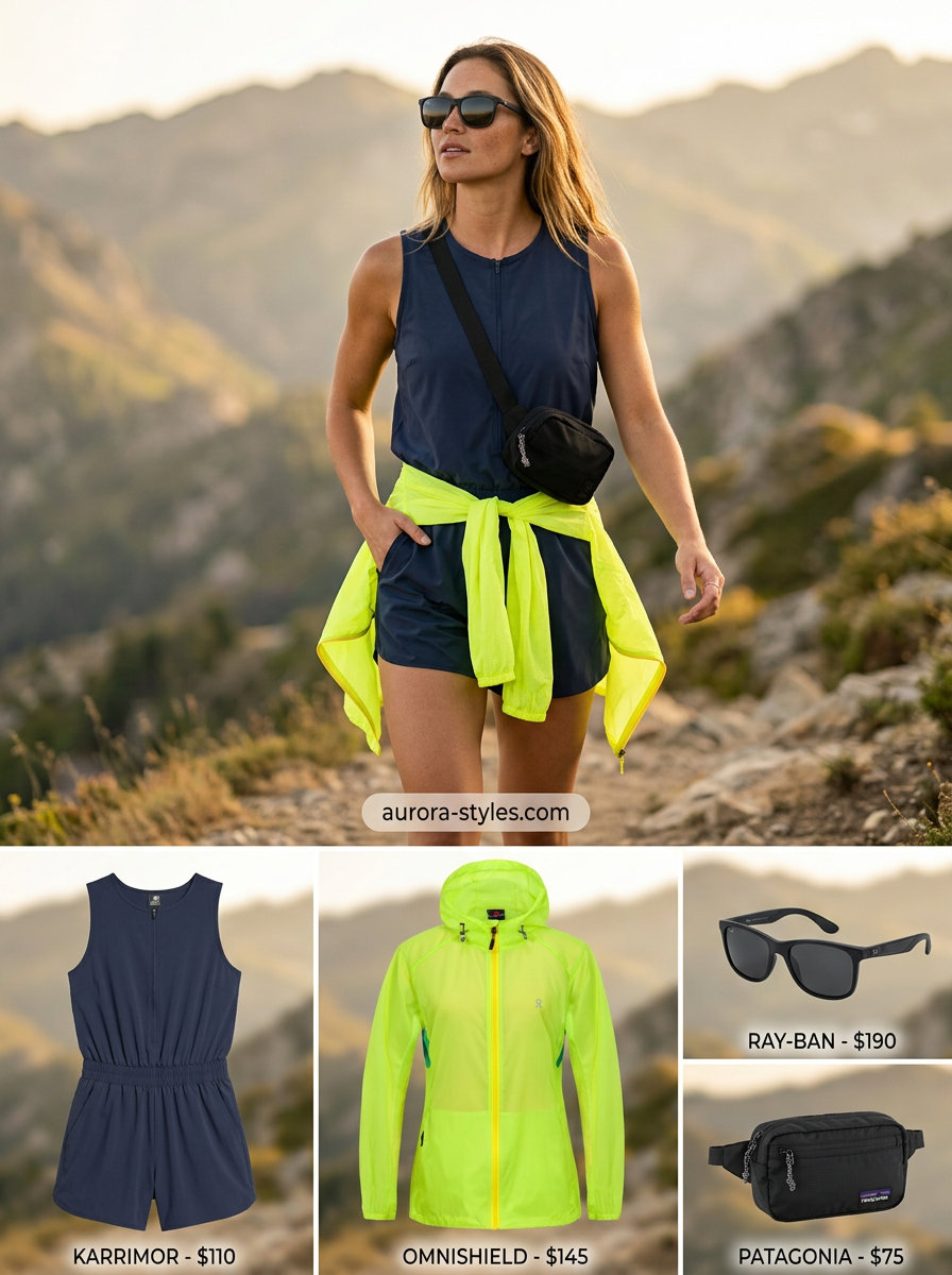 Navy blue romper & yellow jacket for hiking outfits for women summer 2026. Active and effortless warm weather adventure.