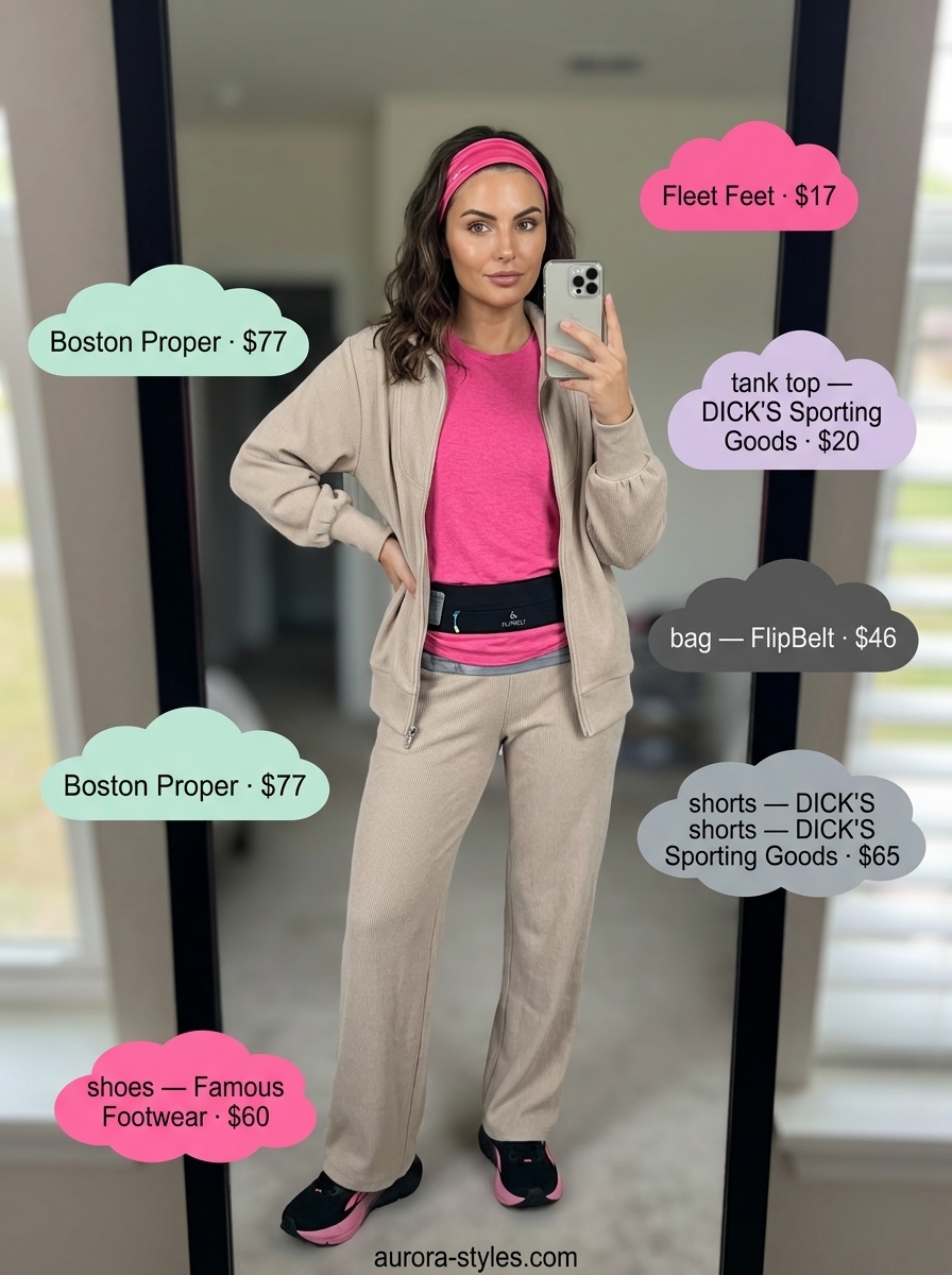 Grey shorts & pink tank top for hiking outfits for women summer 2026. Sporty and functional for trail running.