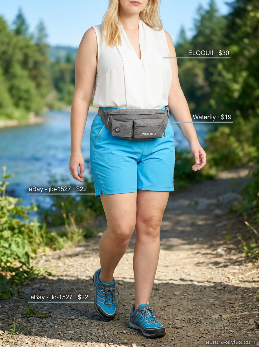 Sky blue shorts & white tee for hiking outfits for women summer 2026. Active & practical for waterfront trails.