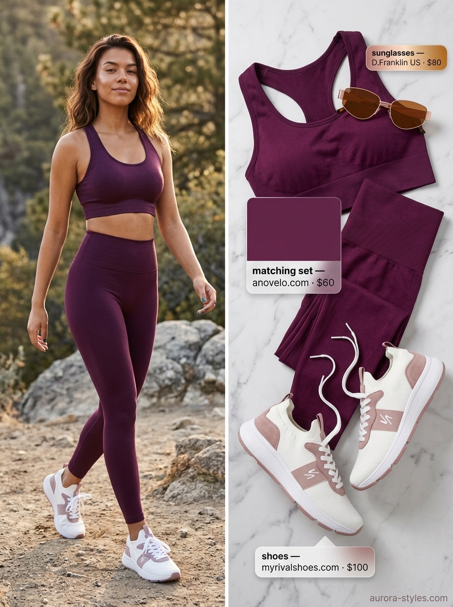 Athleisure hiking outfits for women summer 2026: Dusty rose matching set with light grey windbreaker.