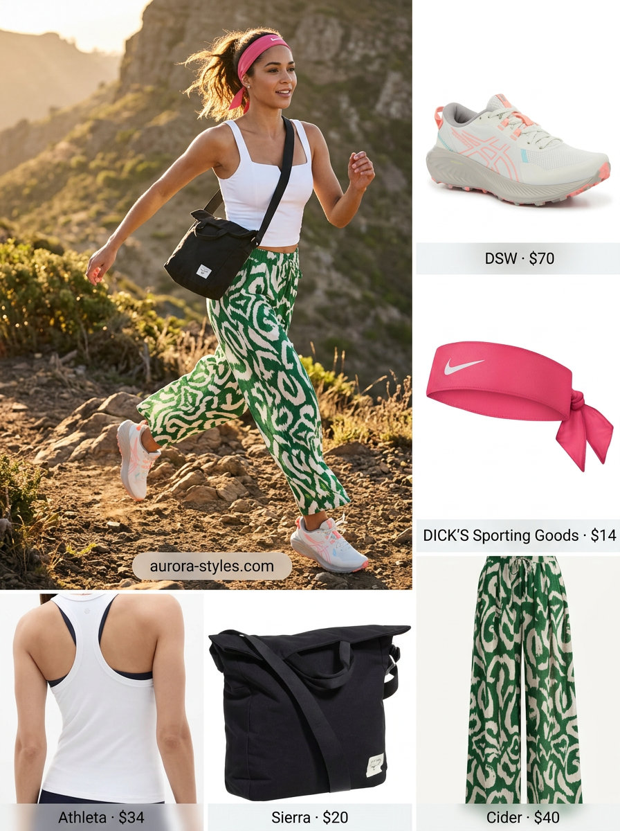 Floral skort hiking outfits for women summer 2026 with white tank, grey shoes, and black crossbody.