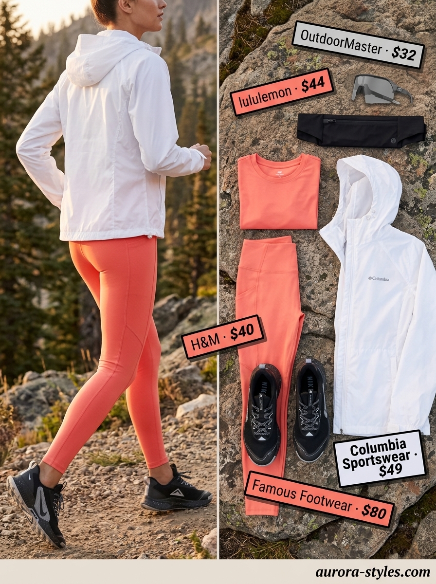 Summer trail running outfits for women 2026: Coral matching set with white windbreaker for dynamic workouts.