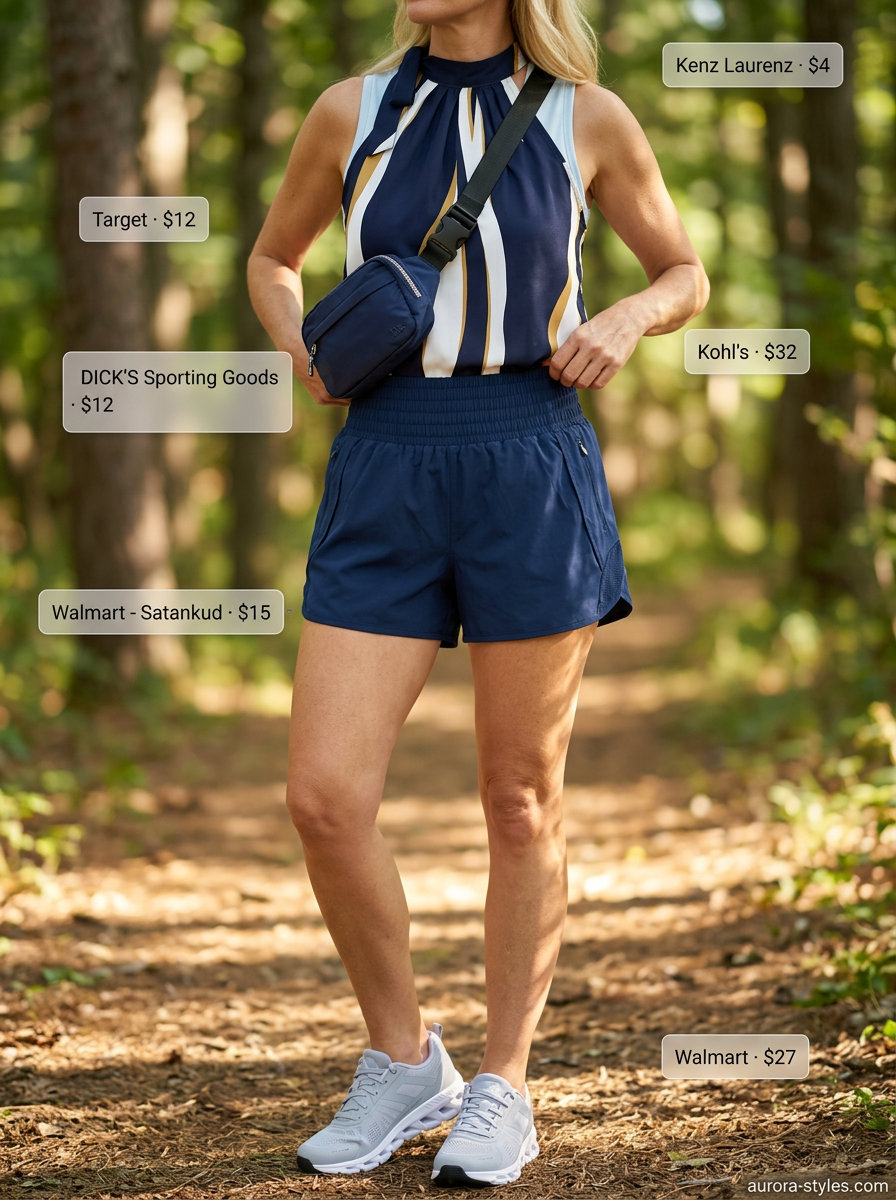 Navy blue hiking outfits for women summer 2026 with light blue tank, grey sneakers, and navy shorts.