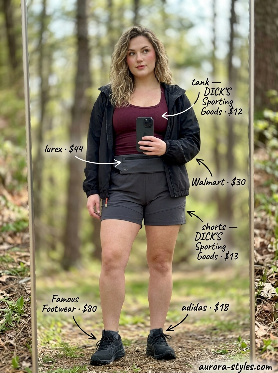 Grey shorts & burgundy tank top with black jacket for hiking outfits for women summer 2026. Comfortable nature walks.