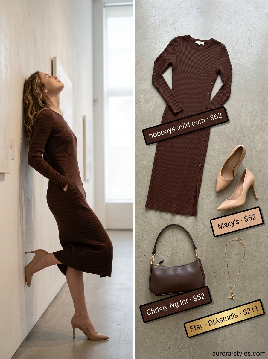 Hot summer heat wave outfits for women 2026: Chocolate brown ribbed midi dress, nude sandals, and gold necklace for chic events.