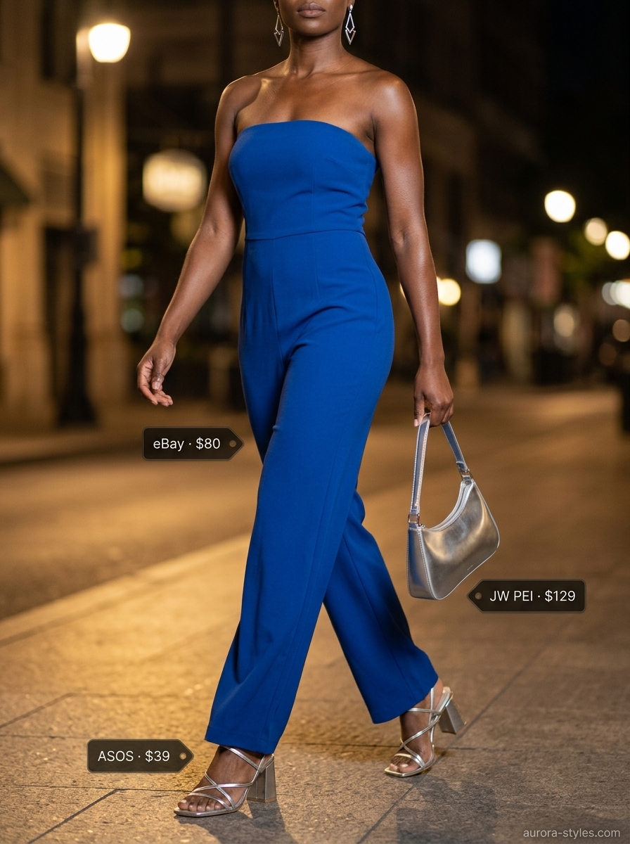 Hot summer heat wave outfits for women 2026: Cobalt blue wide-leg jumpsuit, silver sandals, white bag for city night out.