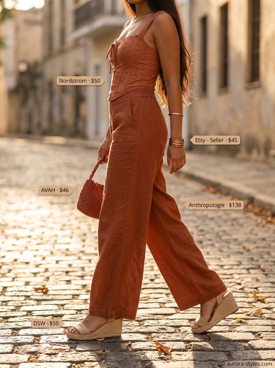 Hot summer heat wave outfits for women 2026: Terracotta linen pants, ivory eyelet top, bronze bangles for festival.