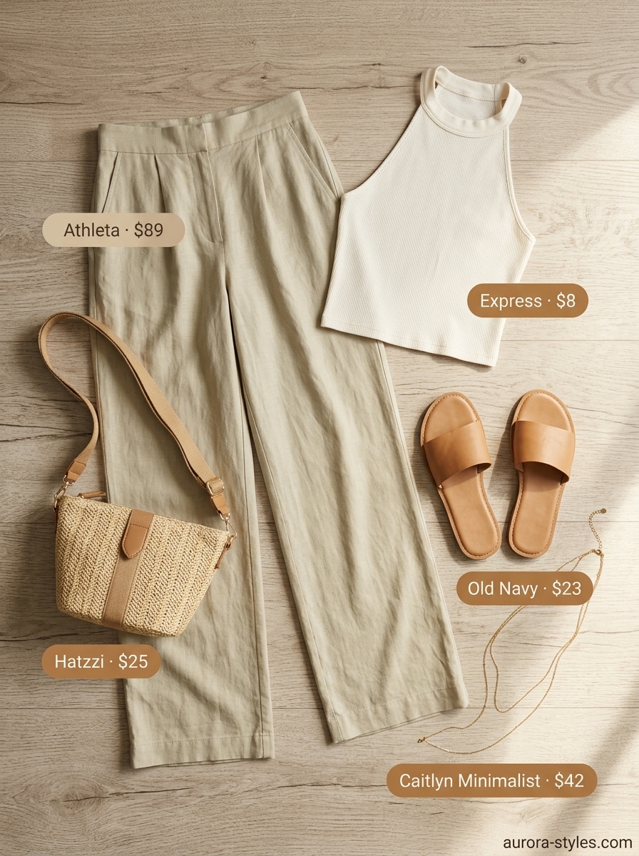 Hot summer heat wave outfits for women 2026: Khaki linen pants, ivory crop top, and straw bag for a breezy resort look.