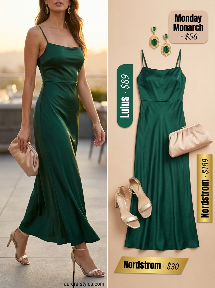 Hot summer heat wave outfits for women 2026: Emerald green satin maxi dress, gold sandals, and clutch for formal events.