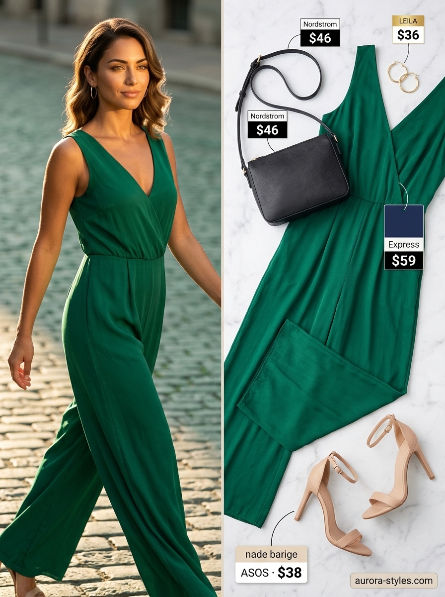 Hot summer heat wave outfits for women 2026: Emerald green wide-leg jumpsuit, black heels, and gold hoops for elevated daytime.