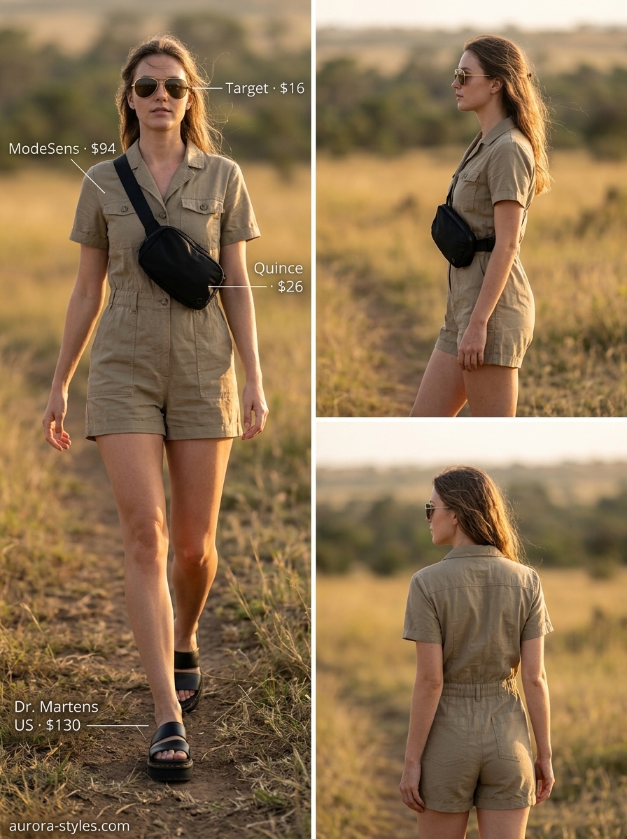 Hot summer heat wave outfits for women 2026: Khaki utility romper, black belt bag, and aviator sunglasses for safari chic.